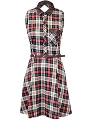 Faux-Leather Belted Plaid Print  Dress