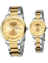 EYKI 8598 Couple Watches Quartz Waterproof Wristwatches for Lovers Pair in Package Golden Dial and Stainless Steel Band