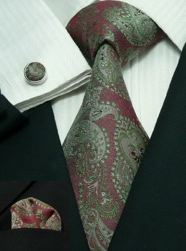 New Men's GREEN PAISLEY BURGUNDY 100% Silk Tie Set TheDapperTie 28H