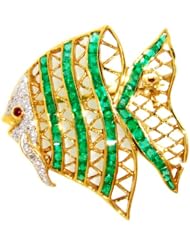 Ruby Emerald Fish Brooch/Pin Diamond 18K Yellow Gold [I_012]