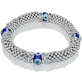 Evil Eye Glass Beads with Rhinestone Spacers and Rhodium Plated Metal Bracelet