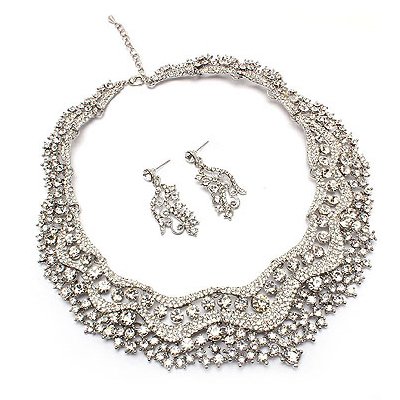 Bridal Wedding Jewelry Set Crystal Rhinestones Stunning Bib Necklace Silver