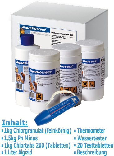 Produkt-Bild: Steinbach 00-70270 Starterset Chlor, Aquacorrect, 1 kg Chlortabs 200 g, 1 kg Chlorgranulat, 1.5 kg pH-Minus, 1 l Algezid, 1 Testkit pH/Cl, 1 Thermometer, Anleitung