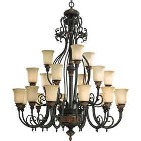Progress Lighting P4540-92C Twenty-One Light Chandelier with Antique Stone-Etched Glass and Scrolls with Decorative Acorn Ornaments, Old Iron Crackle