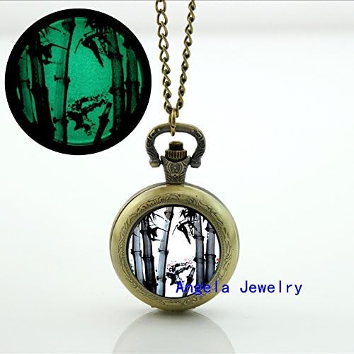 Pretty Lee Fashion Glow in The Dark Jewelry Bamboo Glass Locket Necklace Bamboo Vintage Bronze Pocket Watch Necklace