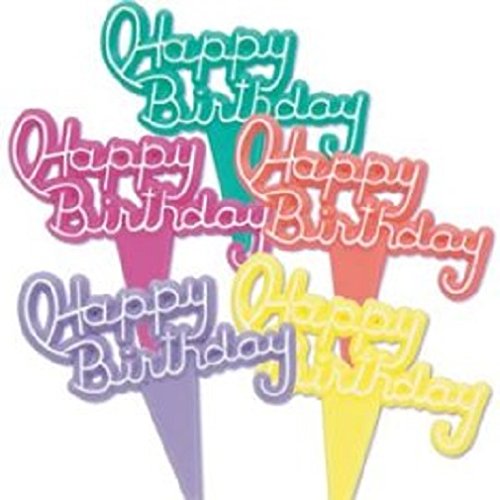 Oasis Supply 12 Count Vintage Happy Birthday Signs Pick Decorative Cake Topper, Neon