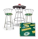 Chrome Bar Table & 2 Chrome 29" Green Bay Packers NFL Fabric Seat Barstools ....