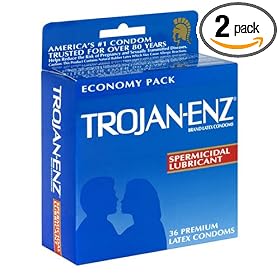 Click here to buy Trojan-Enz Latex Condoms, Spermicidal Lubricant, 36-Count Boxes (Pack of 2) by Trojan.