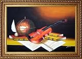 IMAGE OF Still Life with Violin, Globe and Books on Table Oil Painting, with Exquisite Dark Gold Wood Frame 30.5 x 42.5 inches