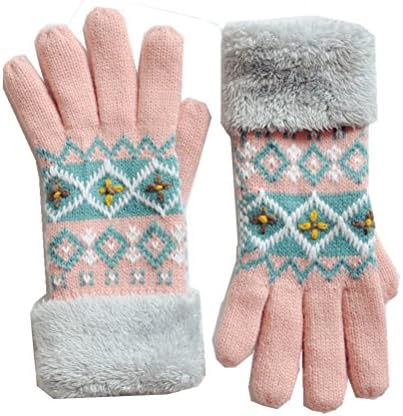 FunShop Stripes and Rhombus Pattern Knitted Gloves with Faux Furs Cuff for Women D1117