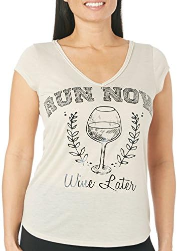 LA Threads Womens Run Now Wine Later T-Shirt Medium Sand beige