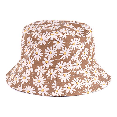 BYOS Reversible Packable Summer Daisy Printed Cotton Bucket Sun Hat,Various Patterns (Daisy Khaki)