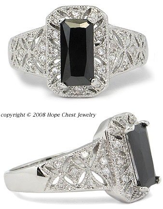 Antique Inspired CZ Rings - Antique Inspired Filigree Design Simulated Black CZ Ring
