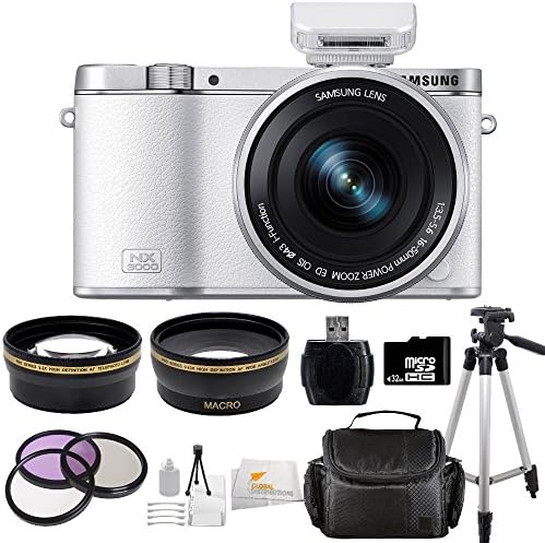 Samsung NX3000 Wireless Smart 20.3MP Compact System Camera with 16-50mm OIS Power Zoom Lens and Flash (White) + 32GB Bundle 13 PC Accessory Kit.