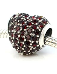 Pro Jewelry .925 Sterling Silver " Garnet Dark Red Cz Pavé Heart Sterling Silver Charm " Compatible with Pandora Chamilia Kay Troll Bracelet