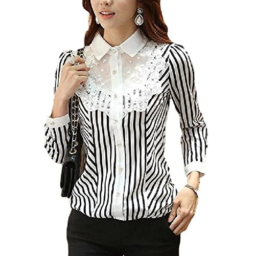 レース ブラウス 長袖 ストライプ Y シャツ フリル カッター トップス