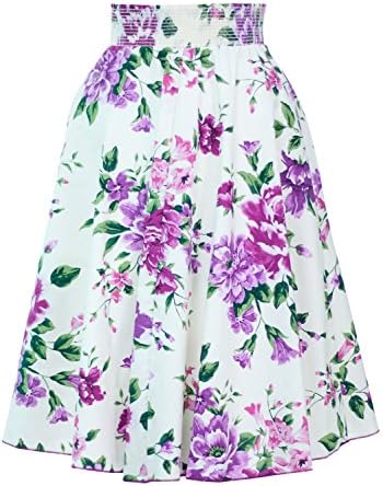 Vintage Style Retro Women's High Waist A-line Floral Skirts (XL, Ivory/Purple)