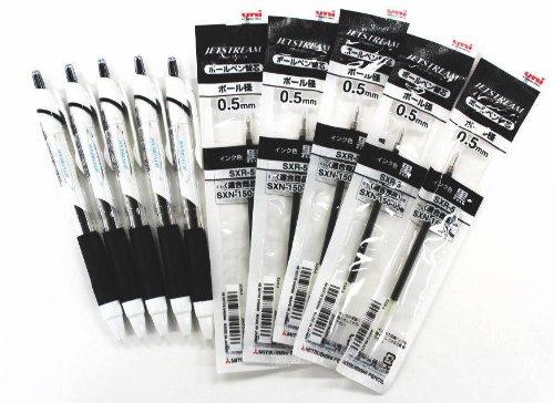 Uni-ball Jetstream Extra Fine Point Retractable Roller Ball Pens,-rubber Grip Type -0.5mm-5 Black Ink Pens + 5 Refills Value Set
