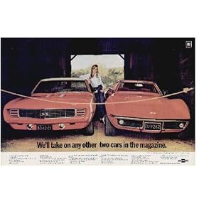 We'll take on any other two cars in the magazine. '69 Camaro SS, plus Rally Sport equipment and new Corvette Coupe. ..... 1969 Chevrolet Ad, A5010.