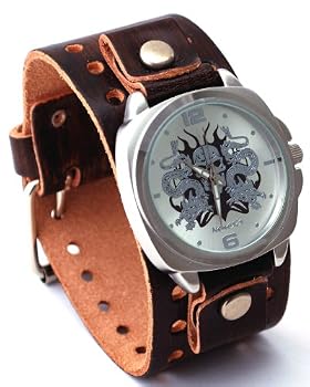 Nemesis #NE400BR Men's Serpent Dragon Skull Leather Cuff Watch