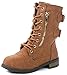 JJF Shoes Mango-79 Kids Tan Combat Lace Up Quilted Dual Buckle Zip Decor Mid Calf Motorcycle Boots-1