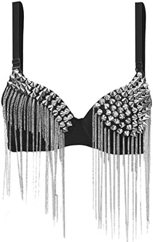 OVERMAL Women Party All-over Spike Rivet Tassels Metallic Punk Dance Bra (XX-Large)