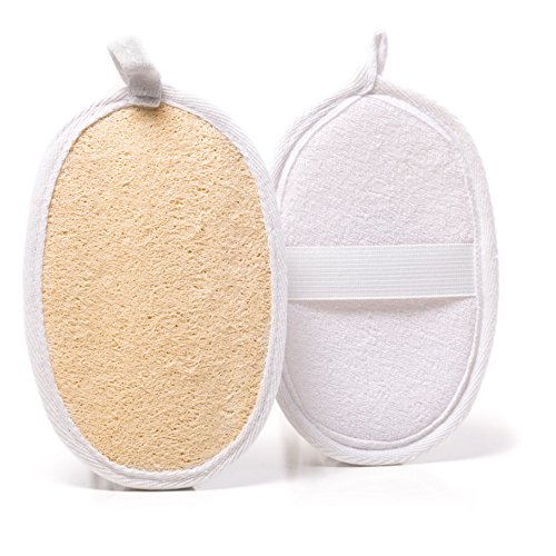 Classic Exfoliating Loofah Body Scrubber Sponge Pads for Men & Women Bath or Shower. Natural Luffa Exfoliators. FREE eBook on DYI Beauty, Exfoliation, Anti-Aging & Creating Healthy Clear Skin. 2 Pads & a Hook.