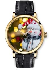 SPRAWL Aanalog Fashion Series Gold Ladies Watches of Genuine Black Leather Strap,Unique Wrist Watch for Women Girls Designed with Snowman