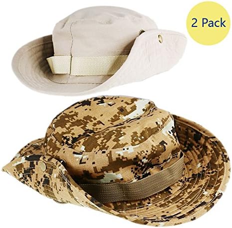 HIJOY Boonie Hat, Outdoor Sun Cap Camouflage Bucket with Air Bleeder + Mesh + Wind Lanyard + Latch for Hiking, Fishing, Garden Work, Large Size, Cotton (Camouflage Desert + Rice White, Pack of 2)