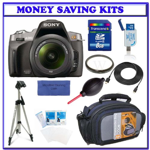Sony Alpha A380 Digital SLR with 18-55mm Lens (DSLR-A380L) + Transcend 8GB SDHC Secure Digital Memory Card + Heavy Duty Pro Series Tripod + Willoughbys 55mm UV Protective Starter Kit