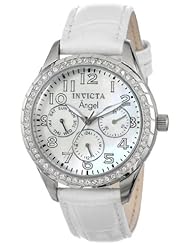 Invicta Womens 12602 Angel White Mother-Of-Pearl Dial Crystal Accented White Leather Band Watch