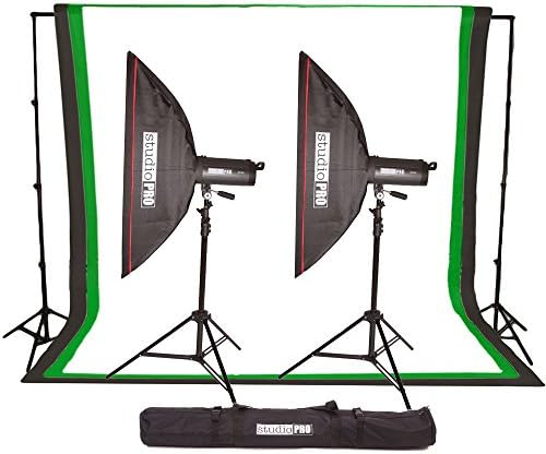 StudioPRO 1200W/s Double Strobe Monolight Softbox Flash Lighting Kit with 6'x9' Black Muslin Backdrop and Background Support