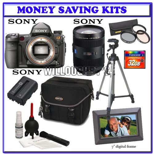 Sony Alpha A900 24.6MP Digital SLR Camera (Black) + Sony 24 -70mm f/2.8 Carl Zeiss Vario Sonnar T Zoom Lens + Transcend 32GB 133x CF + 77mm Introductory 3pc Filter Kit + Pro Series Tripod + Sony Battery Pack + Willoughby's Photo Bundle Kit
