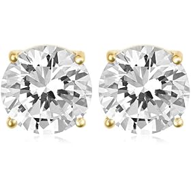 Yellow Gold Overlay Sterling Silver 8mm Round Cubic Zirconia Four-Prong Stud Earrings