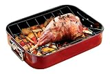Premier Housewares 42 x 32 x 8 cm Rectangle Roasting Dish with Rack and Stainless Steel Handles, Red Enamel