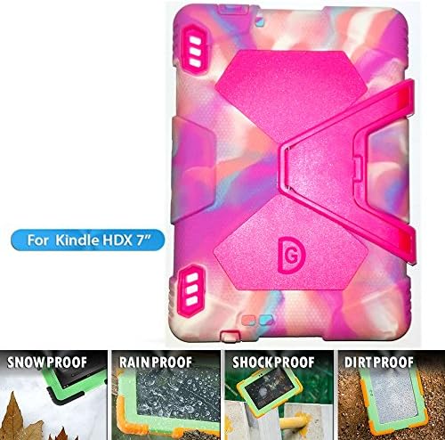 Travellor® Series Kindle Fire HDX 7" Cover Case New Hot Item High Quality Slim Fit Silicone Plastic Dual Protective Back Cover Standing Case Kid Proof Military-duty Case Rainproof Shockproof Dustproof Case for Amazon Kindle Fire Hdx 7 Inch(will Only Fit Kindle Fire hdx 7" 2013) Tablet Laptop-multiple Color Options (camo-pink pink)