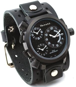 Nemesis #JB080KK Men's Signature Collection 3 Time Zone Oversized Wide Leather Cuff Band Watch