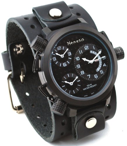 Nemesis JB080KK Mens Signature Collection 3 Time Zone Oversized Wide Leather Cuff Band Watch