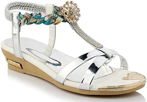 XRU Women's funky studded slingback open toe rhinestone strappy flat PU sandals Silver