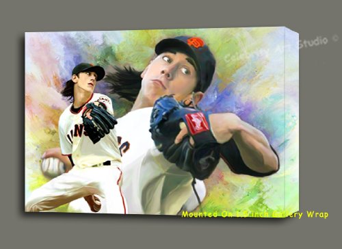 SAN FRANCISCO BASEBALL GIANTS TIM LINCECUM GALLERY WRAP W MIXED MEDIA ON CANVAS ART PAINTING 28X20X1.5