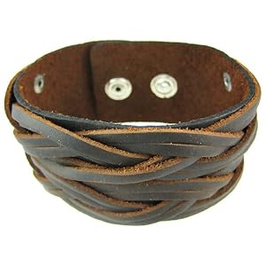 Brown Leather Double Row Braided Wristband Bracelet