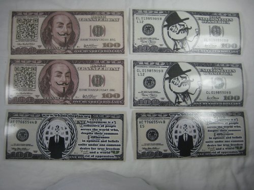 masks guy fawkes:Anonymous $100 LULZ Bills play money stickers decals x 6 LULZSEC
