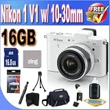 1 V1 Mirrorless Digital Camera with 10-30mm Lens White + 16GB SDHC Memory + USB Card Reader + Deluxe Case w/Strap + Memory Card Wallet + Lens Pen Cleaner + Zing Micro Fiber Cleaning Cloth + Accessory Saver Bundle!