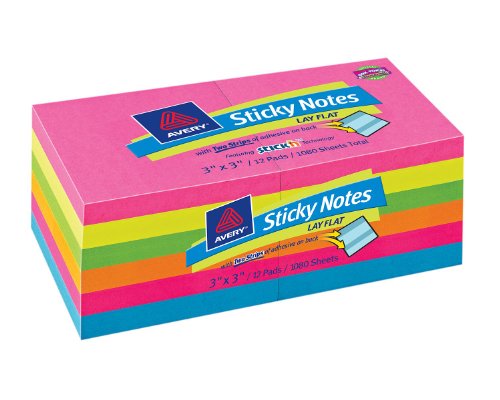 Avery Lay Flat Sticky Notes, 3 x 3 Inches, Assorted Colors, Removable, Pack of 1080 (22730) Avery Lay Flat Sticky Notes, 3 x 3 Inches, Assorted Colors, Removable, Pack of 1080 (22730)