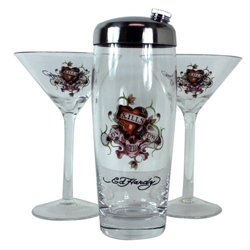 Ed Hardy Love Kills Slowly Martini Glasses (Set of 2) & Shaker