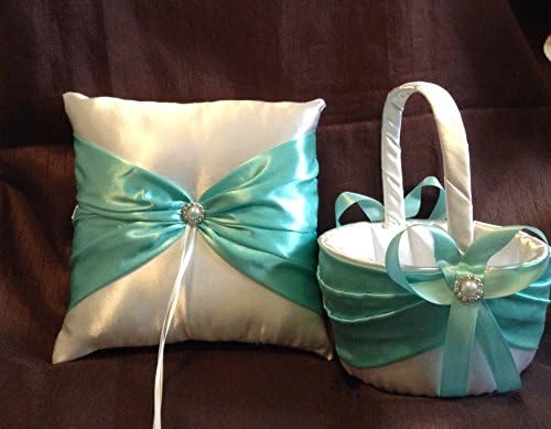wedding white or ivory and light turquoise blue ring bearer pillow and flower girl basket