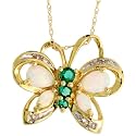 10k Gold 18" Thin Chain & 11/16" (18mm) tall Butterfly Pendant, w/ Brilliant Cut Diamonds, Brilliant Cut Created Emerald Stones, Pear & Marquise Cut Created Fire Opal Stones