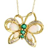 10ct Gold 18 Thin Chain & 11/16 (18mm) tall Butterfly Pendant, w/ Brilliant Cut Diamonds, Brilliant Cut Created Emerald Stones, Pear & Marquise Cut Created Fire Opal Stones