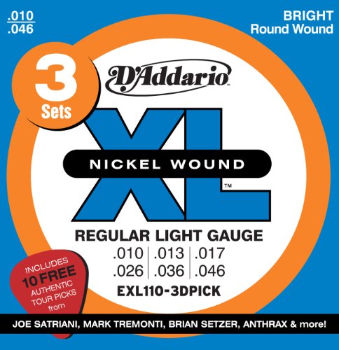 D'Addario EXL110-3DPICK Saitensatz f&uuml;r E-Gitarre mit Preisvorteil (.010 - .046 Zoll, 3er Pack) inkl. 10x gratis Artist Picks