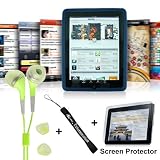 Premium Blue Soft Silicone Gel Skin Cover Case for Apple iPad WiFi / 3G 16GB 32GB 64GB + Includes a 4-inch eBigValue (TM) Determination Hand Strap + Anti-Glare Screen Protector for IPad Tablet ( All Models ) + Fashion Earbud Headset Headphones 3.5mm In-Ear Stereo ( Green )